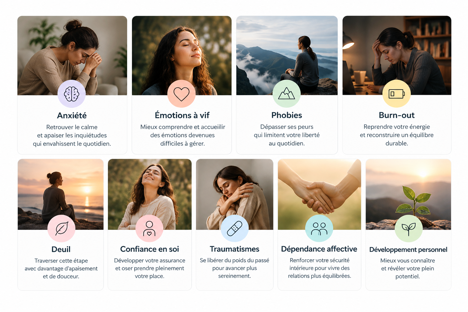 Motifs de consultation en hypnose thérapeutique : anxiété, émotions, phobies, deuil, addictions, sommeil et gestion du stress